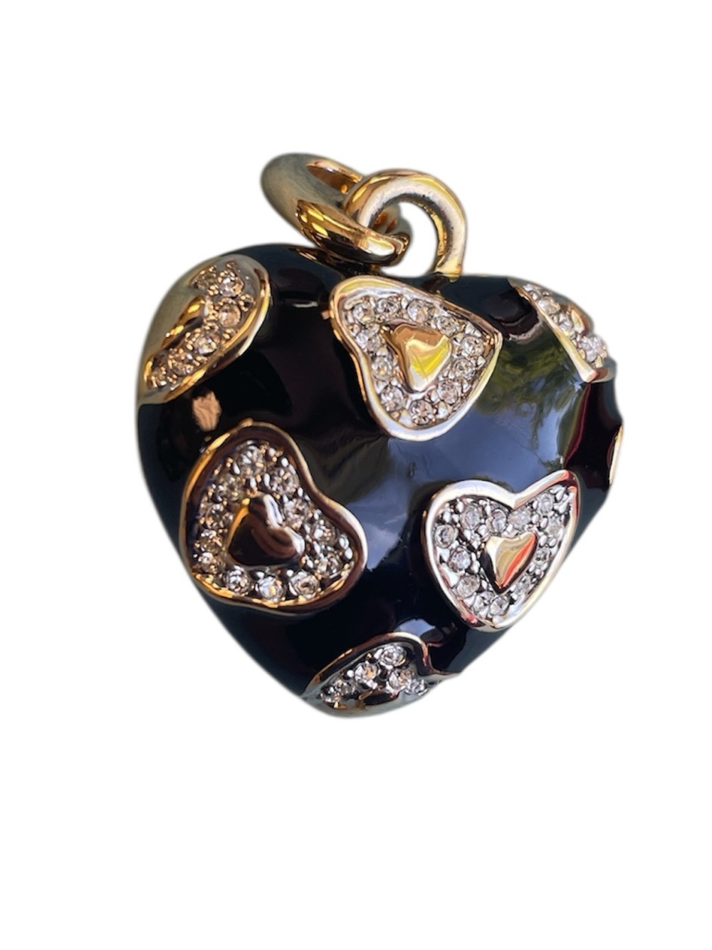 Black Puffy Heart Enamel Pendant with Gold and Crystal Heart Accents